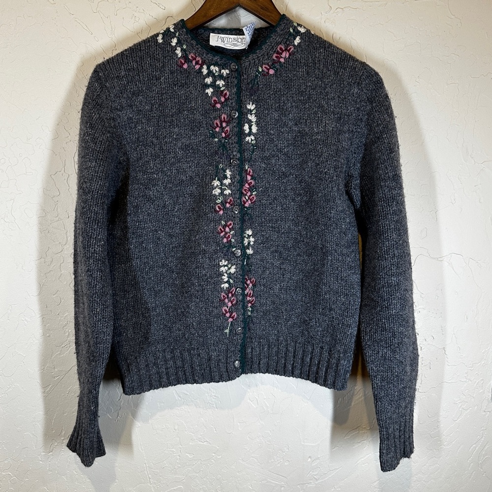 Vintage Winston’s 100% Wool Embroidered‎ Floral Sweater Cardigan 80s Grannycore